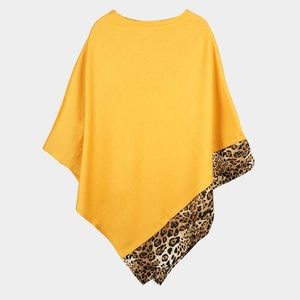 Mustard Yellow Black Leopard Print Trimmed Poncho Sweater Statement Accessories